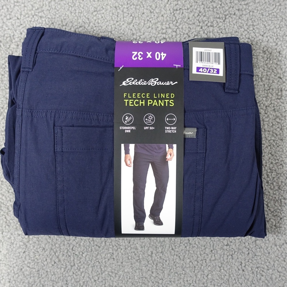 Eddie Bauer Fleece Lined Tech Pant Men 40x32 UPF 50+ Zip Cargo Pocket Navy